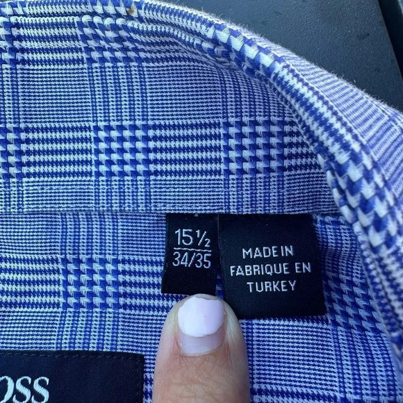 Boss Sharp Fit Checkered Light Blue Collared Button Down Dress Shirt Size 15.5 - Picture 3 of 7
